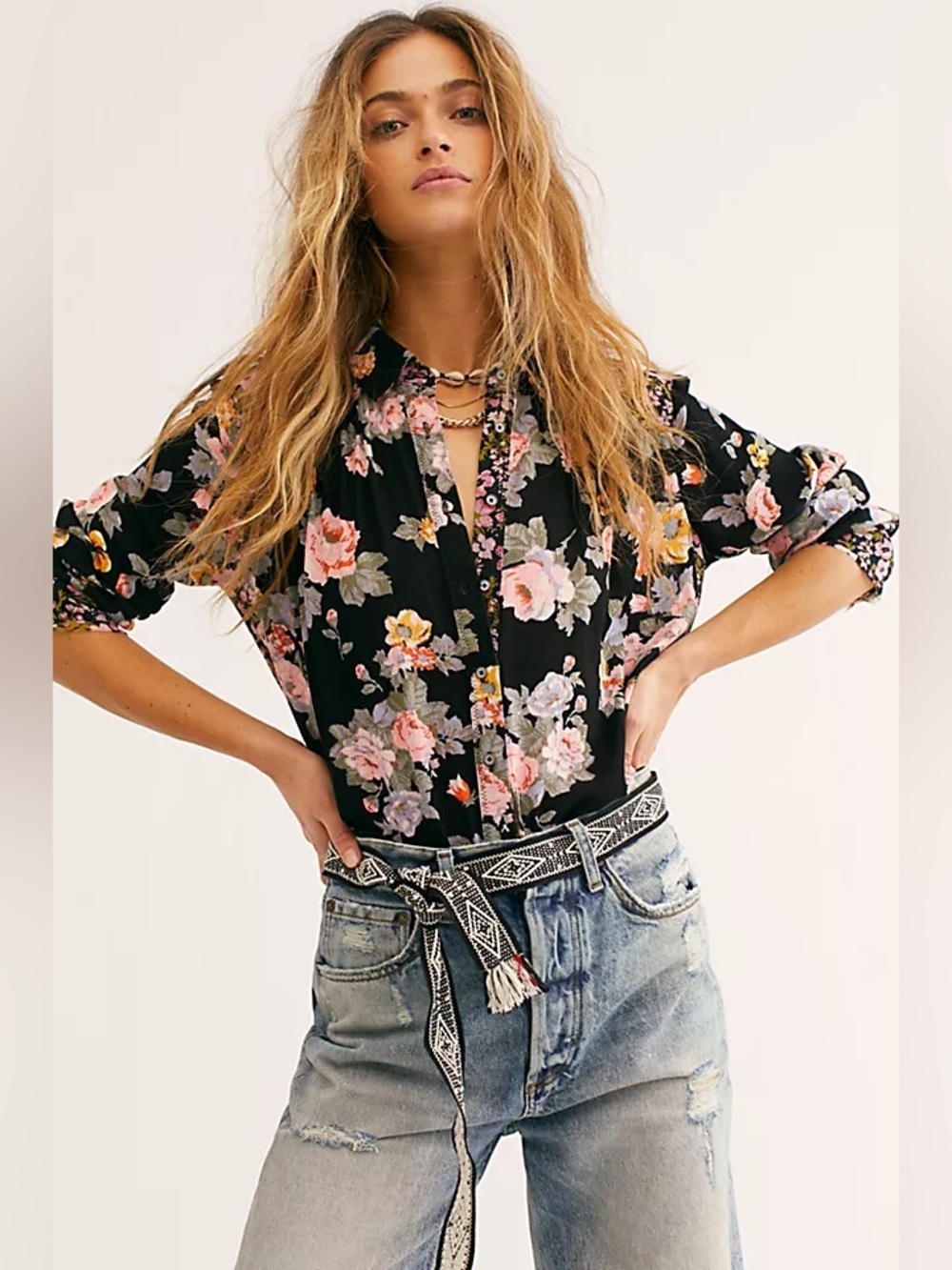 Free People Hold On To Me Black Floral Button Down